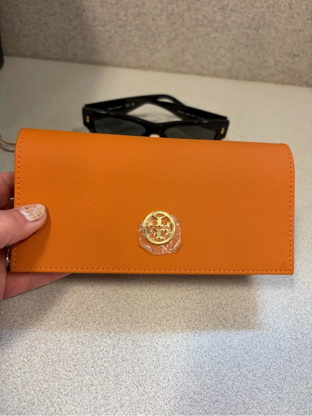 Tory Burch Black Square Sunglasses with Orange Logo Case